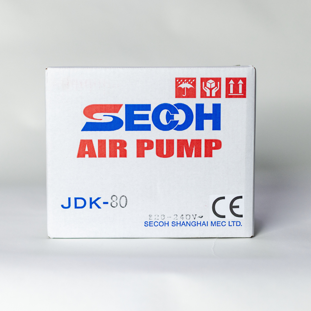 SECOH air pump packaging box on a gray background