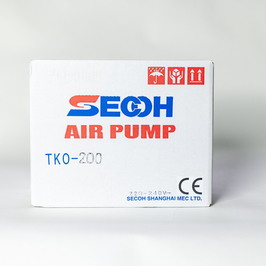 SECOH TKO-200 air pump packaging box on a white background