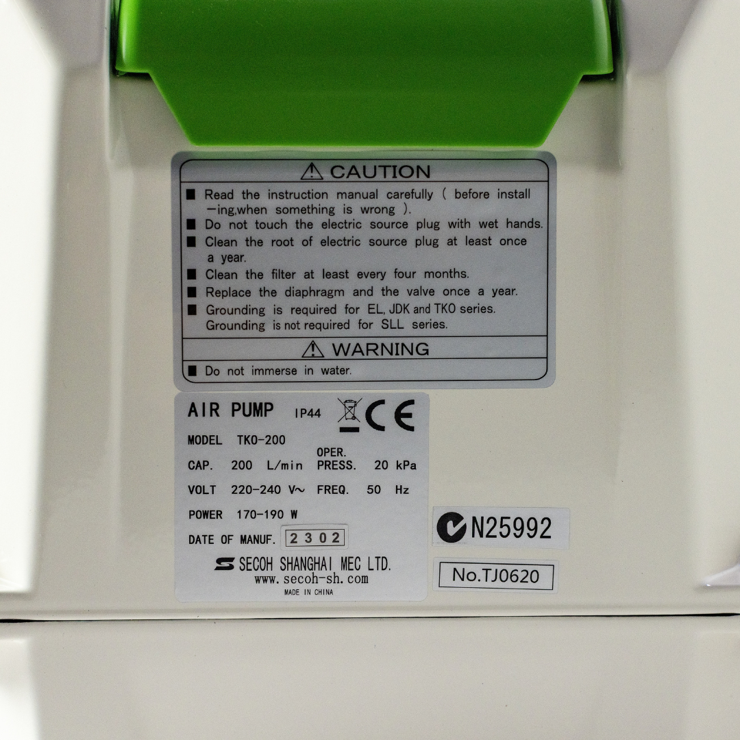 Back panel of SECOH TKO-200 air pump with labels and text on a white background