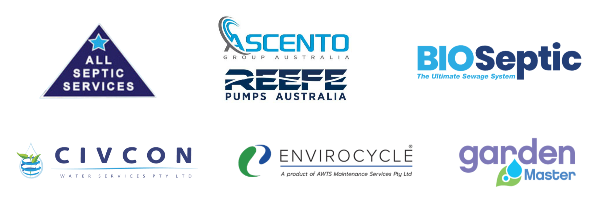 Logos of various companies including All Septic Services, Scento Group Australia, and others on a white background.