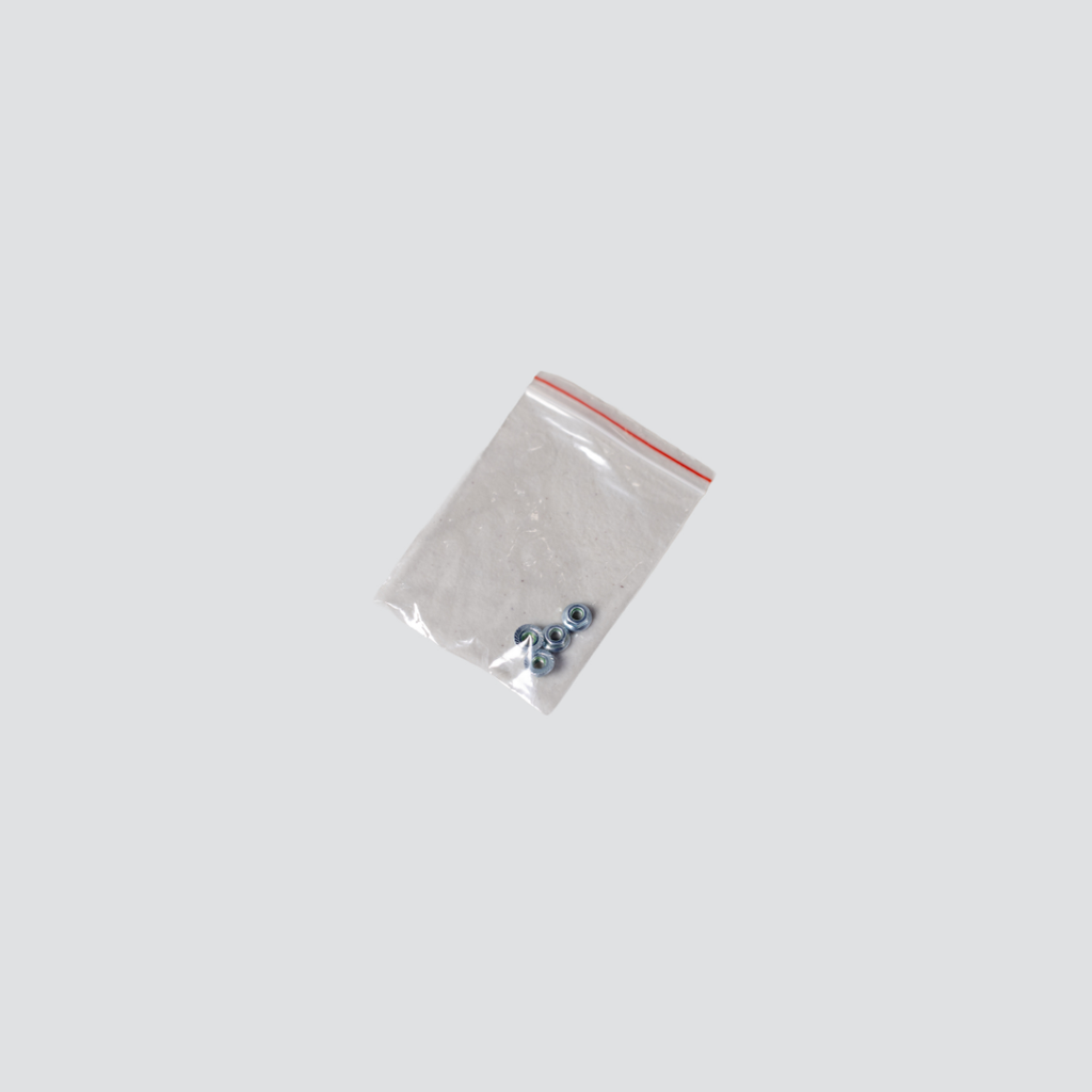 Small clear plastic bag with actuating rod nuts in it on a white background