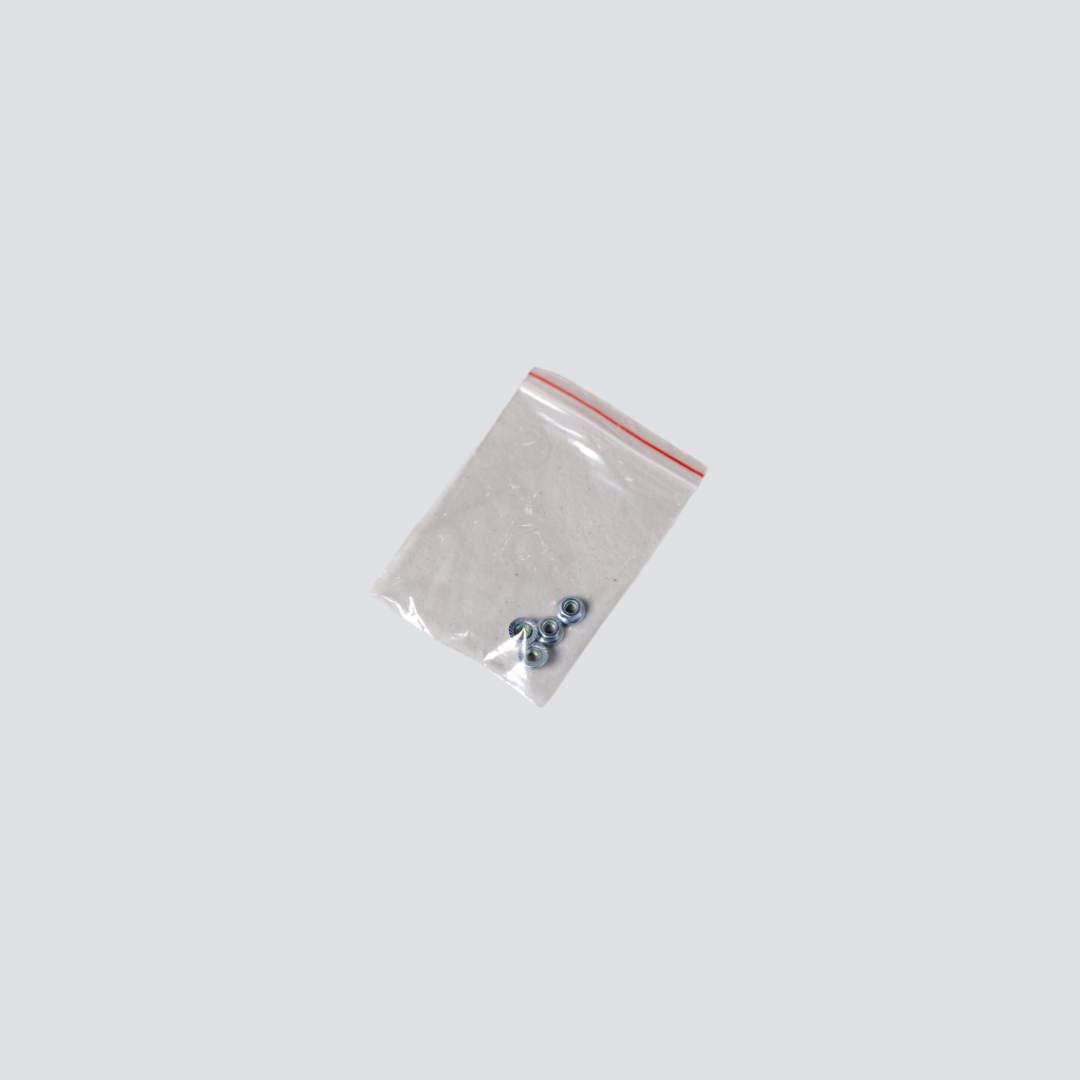 Small clear plastic bag with actuating rod nuts in it on a white background