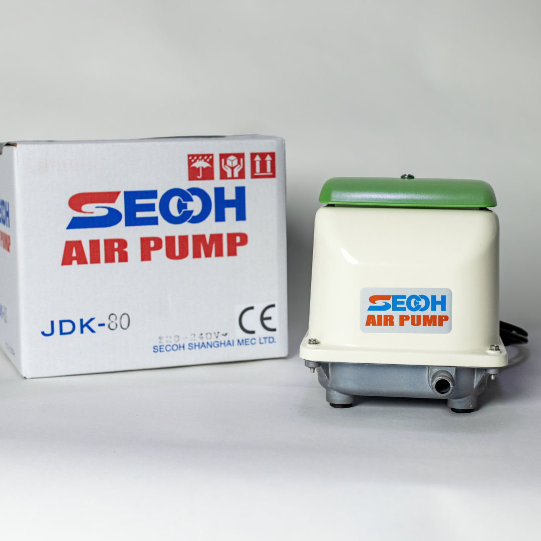 SECOH JDK-80 air pump with packaging on a white background